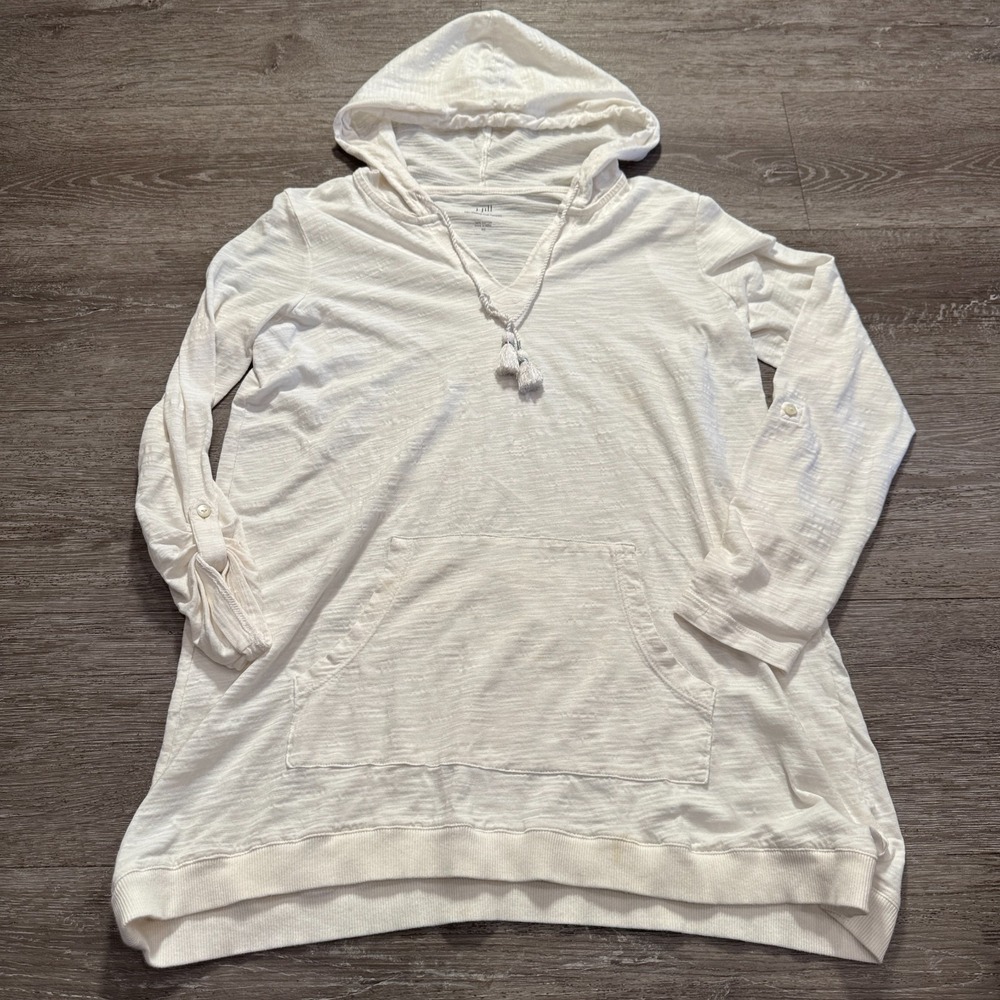 J Jill Hoodie XS White Tab Sleeve Knit Hoodie 100% Cotton Preppy Lounge‎ Adult